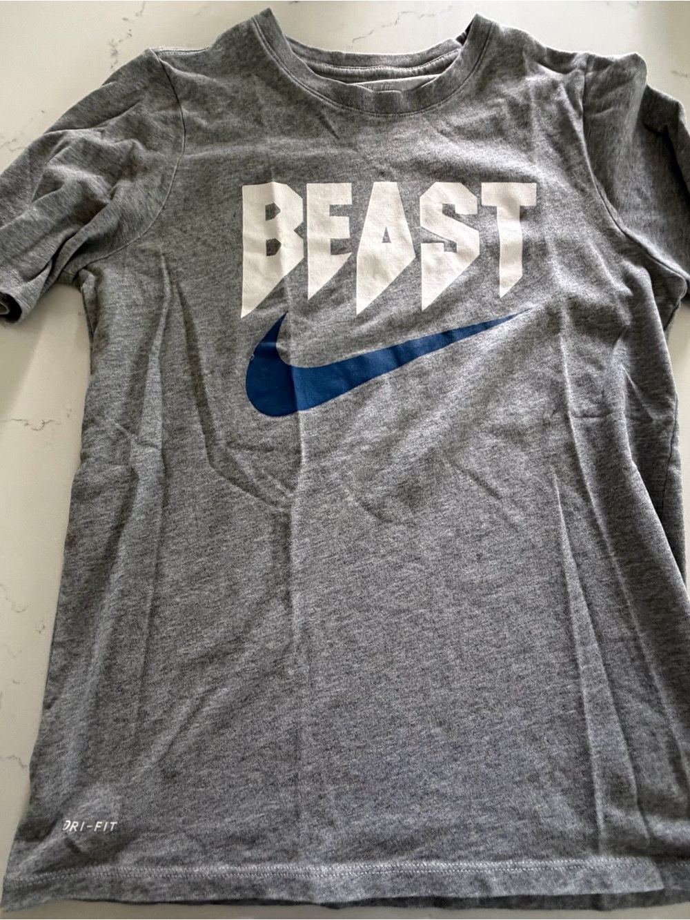 Nike Gray 'BEAST' Graphic Dri-FIT T-Shirt with Blue Swoosh